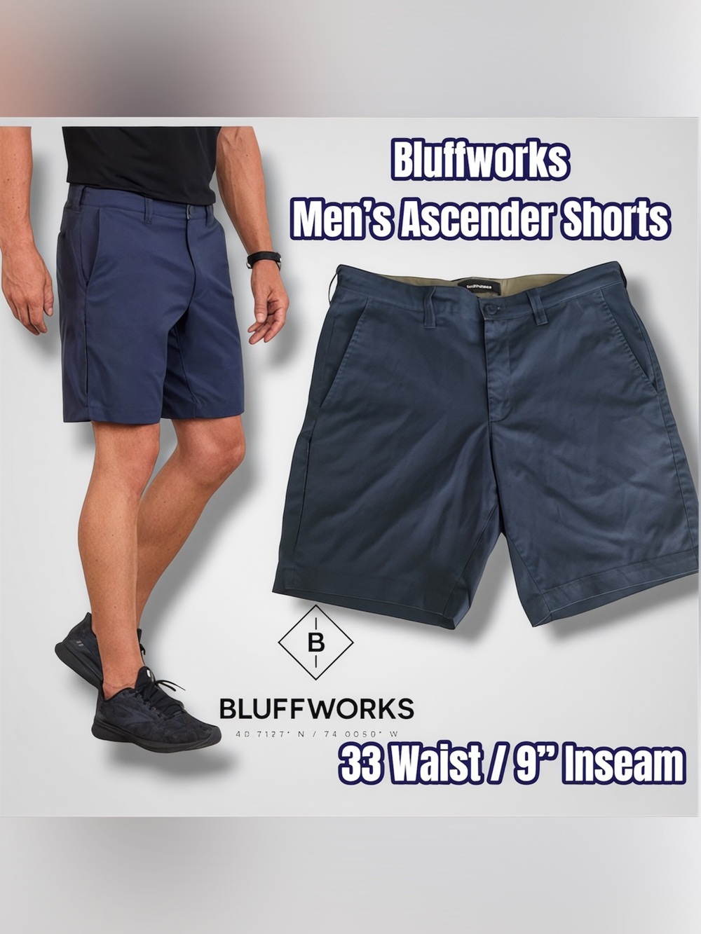 Bluffworks Men’s 9” Ascender 9 Pockets Shorts, Size 33 Waist, (Matte Navy Blue)